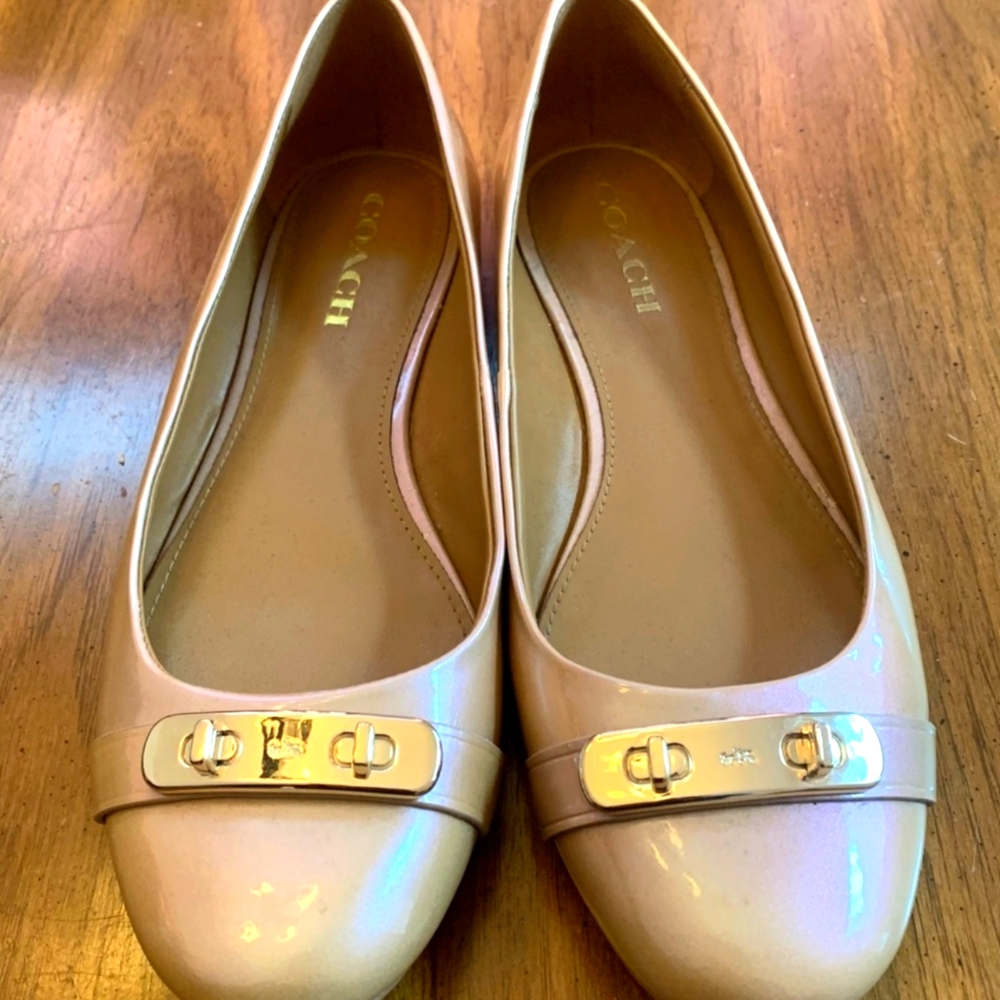 Coach Oswald Iridescent Pearl Patent Leather Platinum Flats